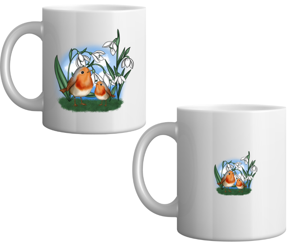 Robin Parent and Child with Snow Drops Mug