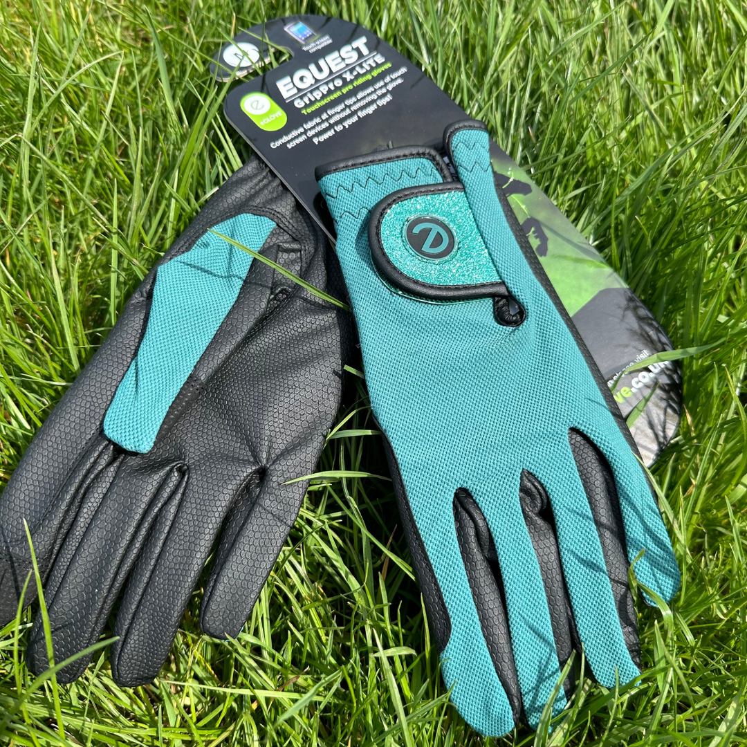 eQUEST GripPro X-LITE Riding Gloves - Alpine Green Glitter Cuff