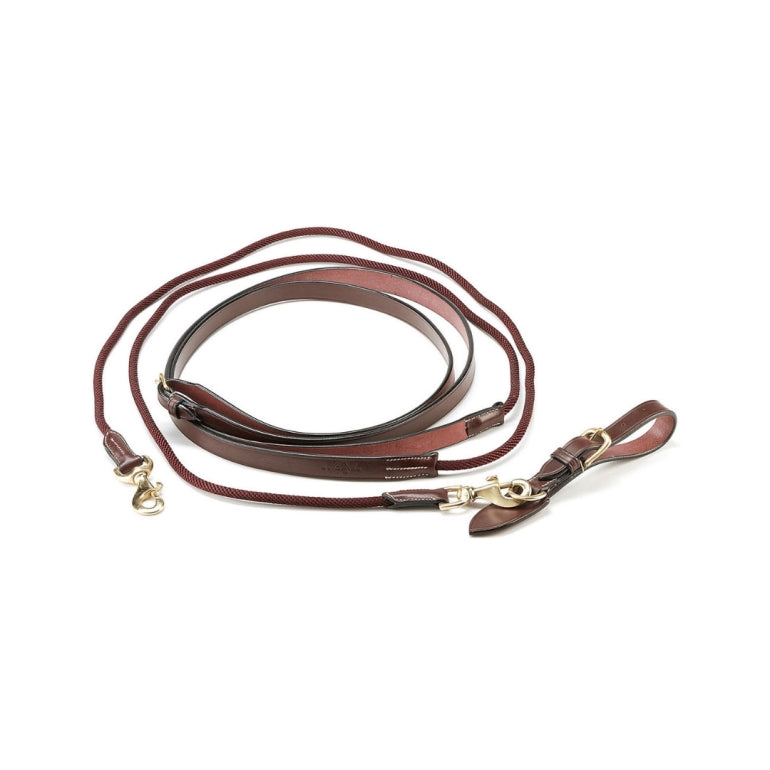 DRAW REINS WITH NYLON/LEATHER EQUIPE- BRASS- Red/Brown- Pony