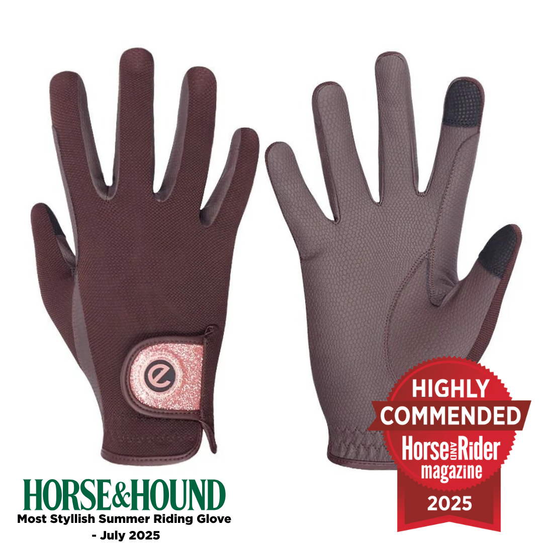 eQUEST GripPro X-LITE Riding Gloves - Brown & Rose Gold Glitter Cuff
