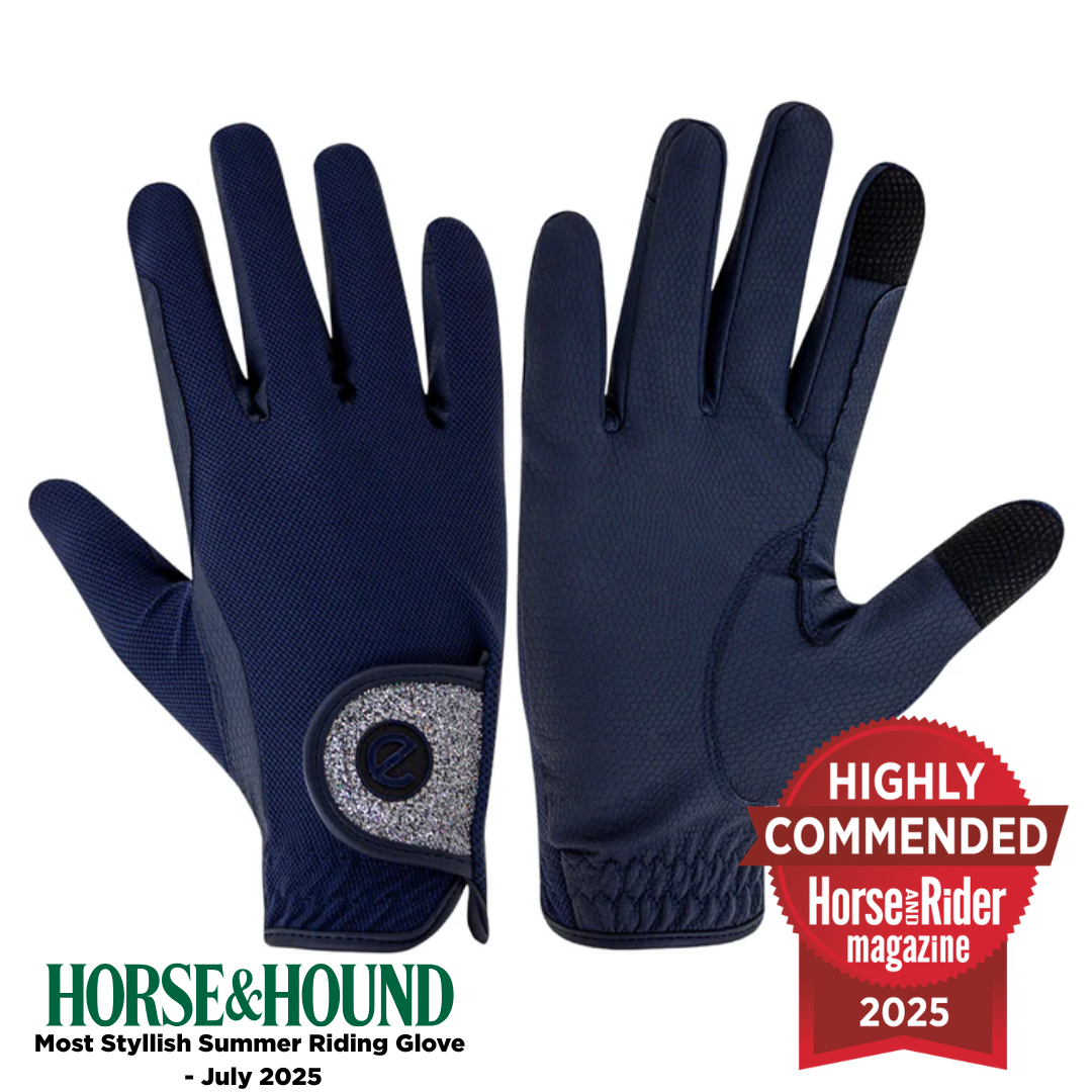 eQUEST GripPro X-LITE Riding Gloves - Blue & Silver Glitter Cuff