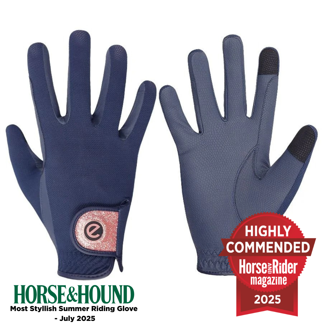 eQUEST GripPro X-LITE Riding Gloves - Blue & Rose Gold Glitter Cuff