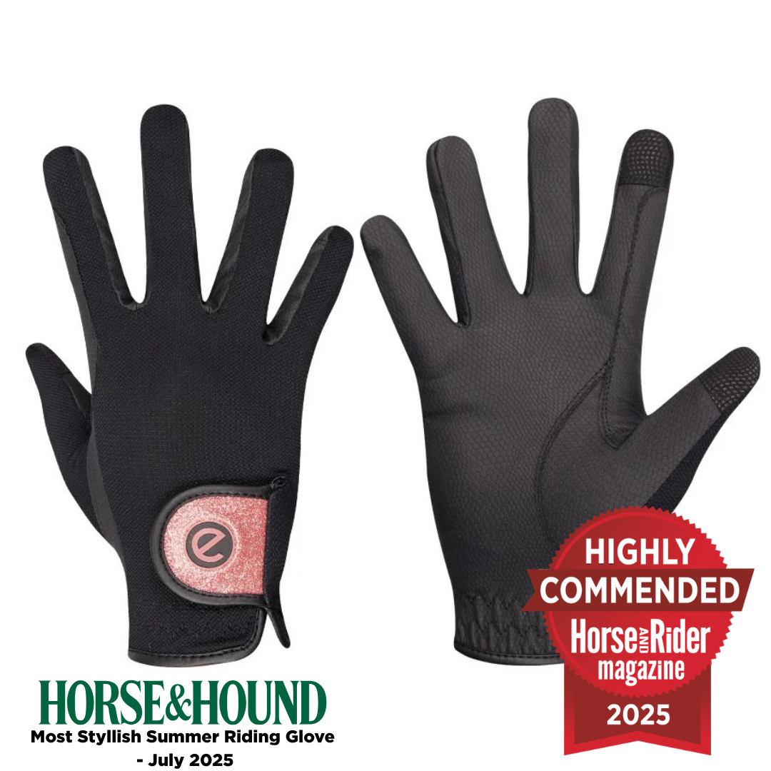 eQUEST GripPro X-LITE Riding Gloves - Black & Rose Gold Glitter Cuff