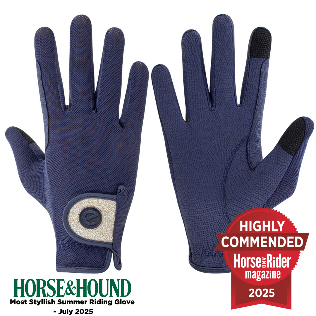 eQUEST GripPro X-LITE Riding Gloves - Blue Gold Glitter Cuff