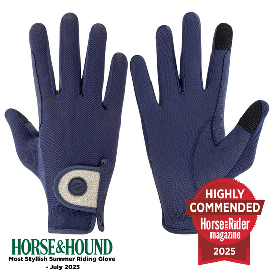 eQUEST GripPro X-LITE Riding Gloves - Blue Gold Glitter Cuff
