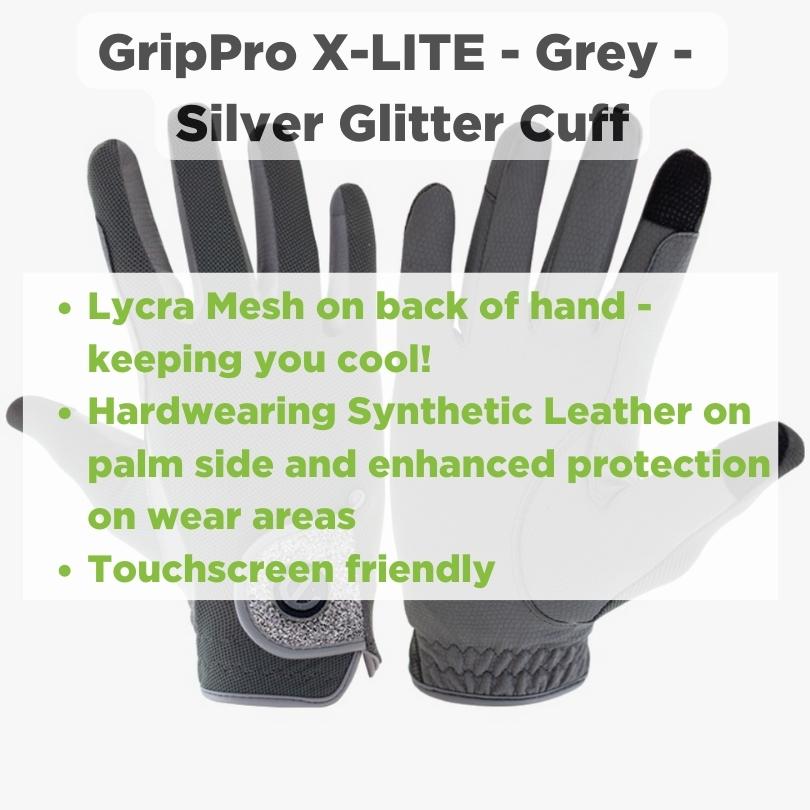 eQUEST GripPro X-LITE Riding Gloves - Grey & Silver Glitter Cuff
