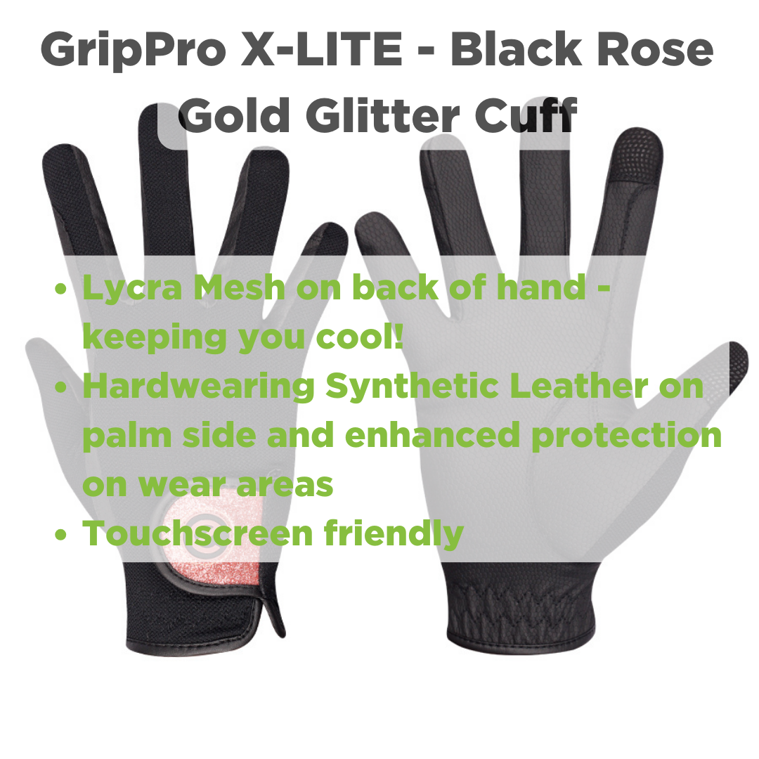 eQUEST GripPro X-LITE Riding Gloves - Black & Rose Gold Glitter Cuff