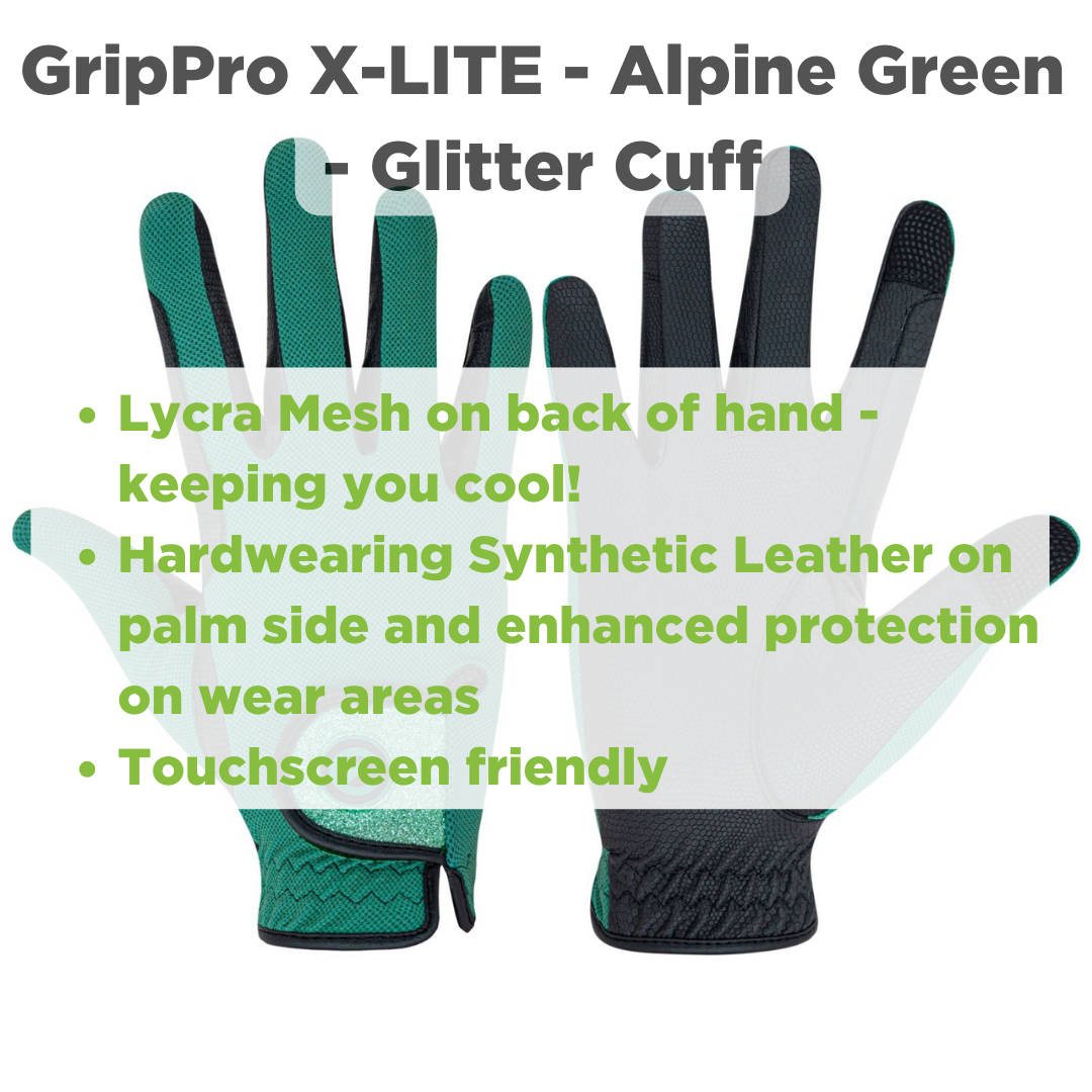 eQUEST GripPro X-LITE Riding Gloves - Alpine Green Glitter Cuff