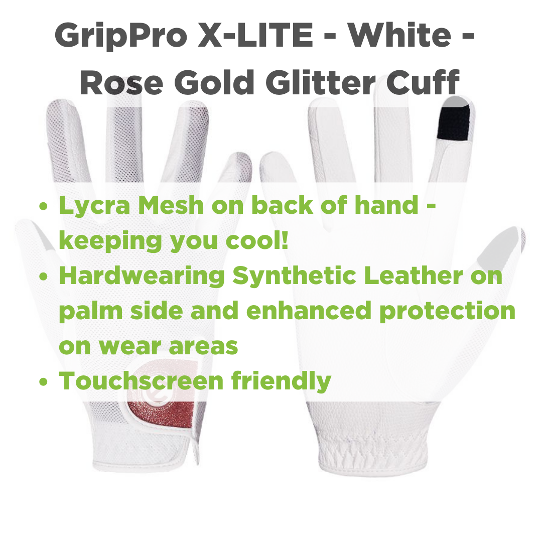 eQUEST GripPro X-LITE Riding Gloves - White & Rose Gold Glitter Cuff