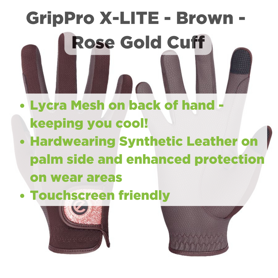 eQUEST GripPro X-LITE Riding Gloves - Brown & Rose Gold Glitter Cuff