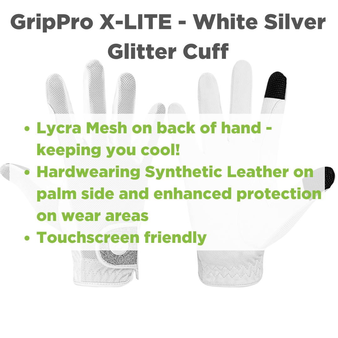 eQUEST GripPro X-LITE Riding Gloves - White & Silver Glitter Cuff