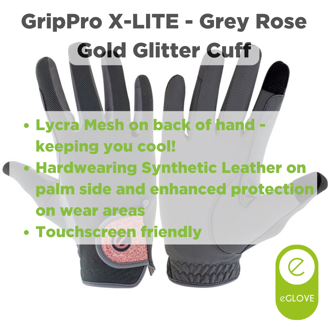 eQUEST GripPro X-LITE Riding Gloves - Grey & Rose Gold Glitter Cuff