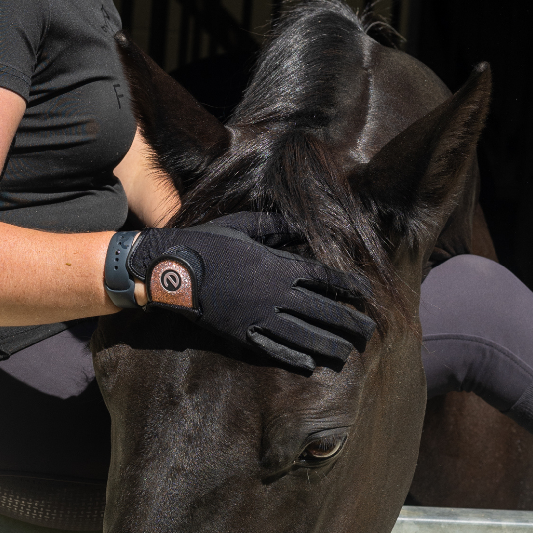 eQUEST GripPro X-LITE Riding Gloves - Black & Rose Gold Glitter Cuff
