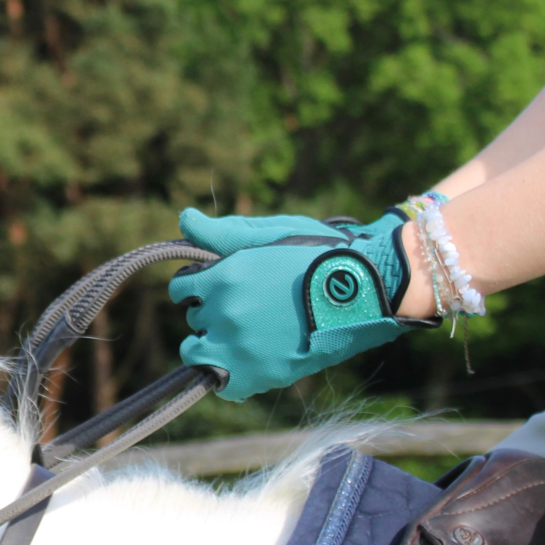 eQUEST GripPro X-LITE Riding Gloves - Alpine Green Glitter Cuff