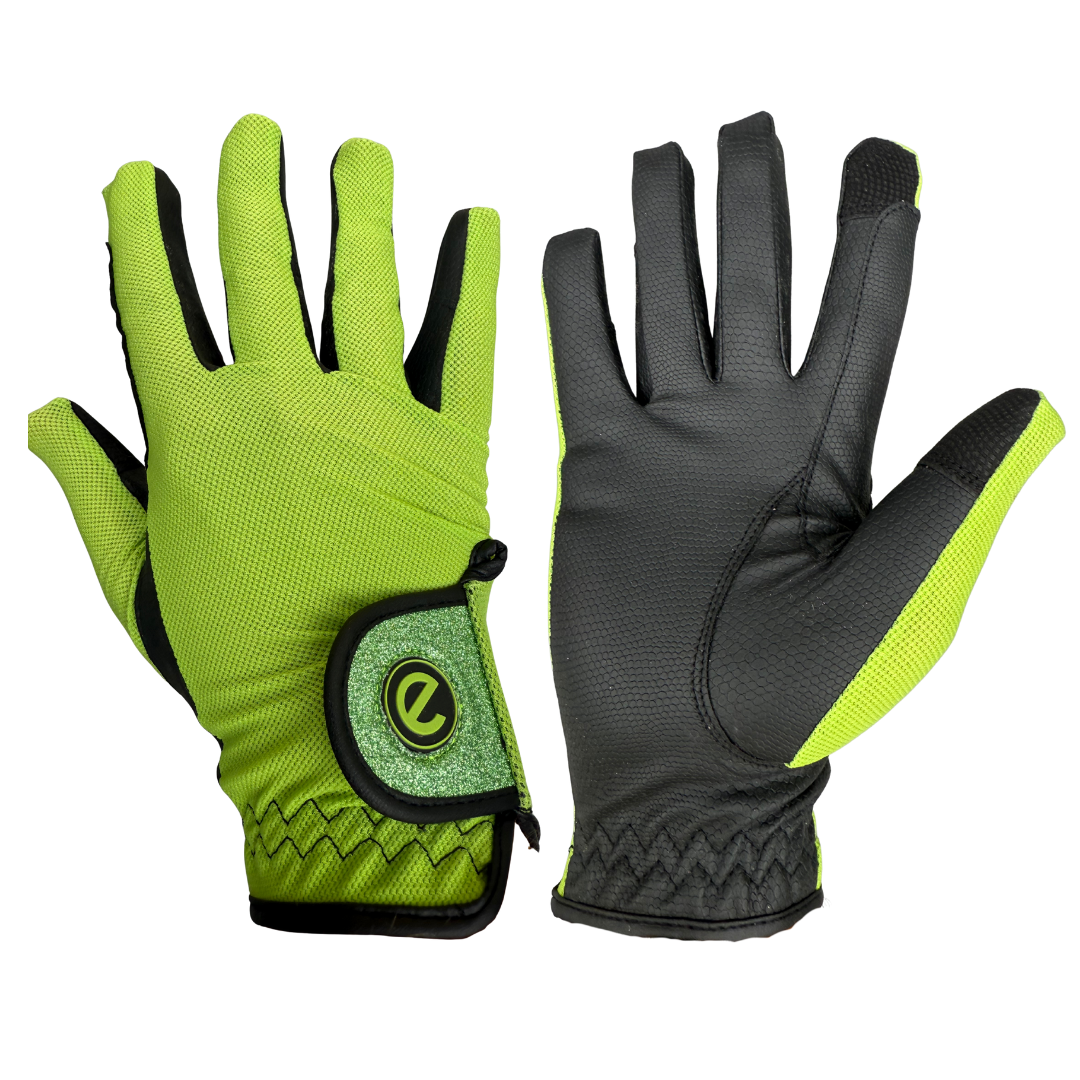 eQUEST GripPro X-LITE Riding Gloves - Lime Green Glitter Cuff