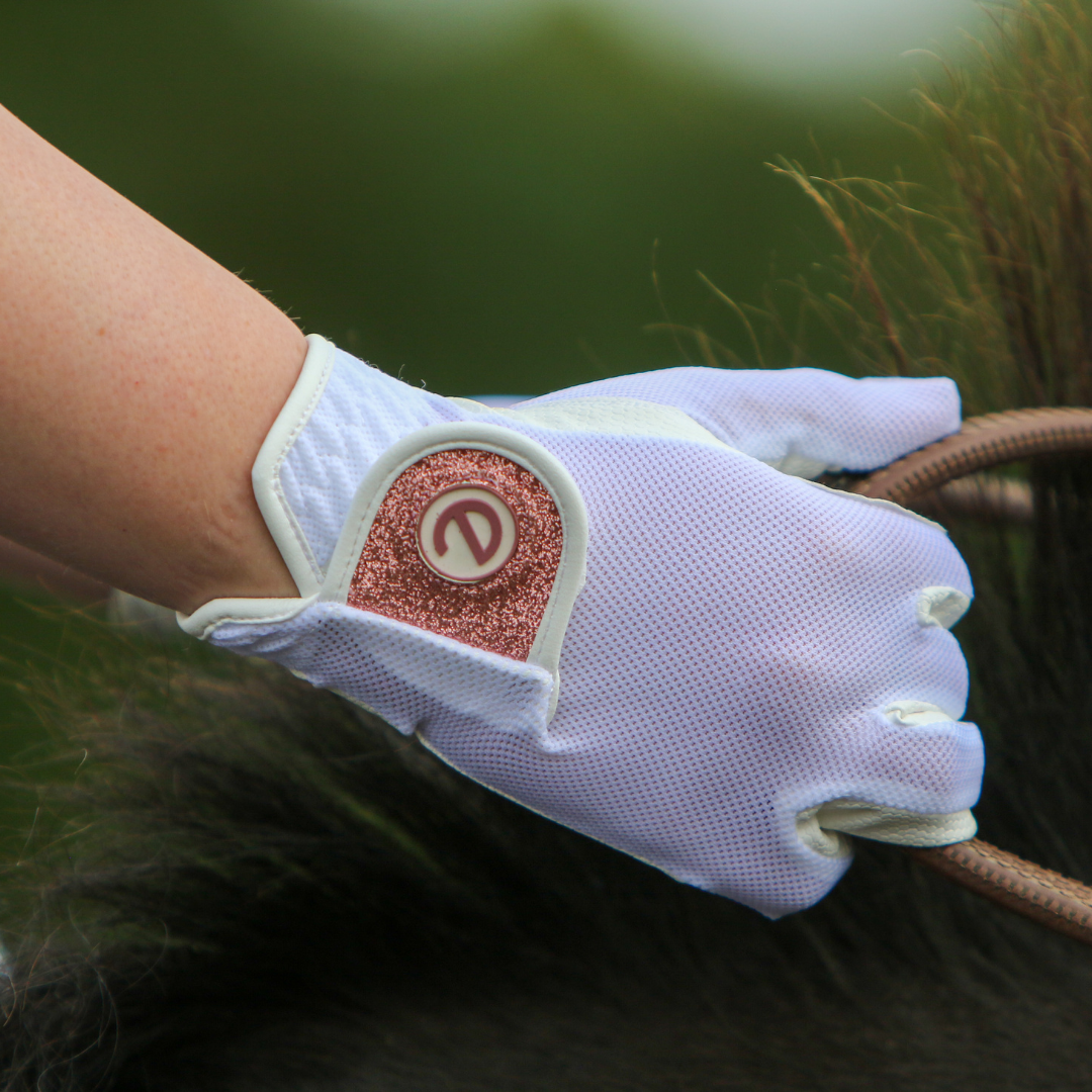 eQUEST GripPro X-LITE Riding Gloves - White & Rose Gold Glitter Cuff