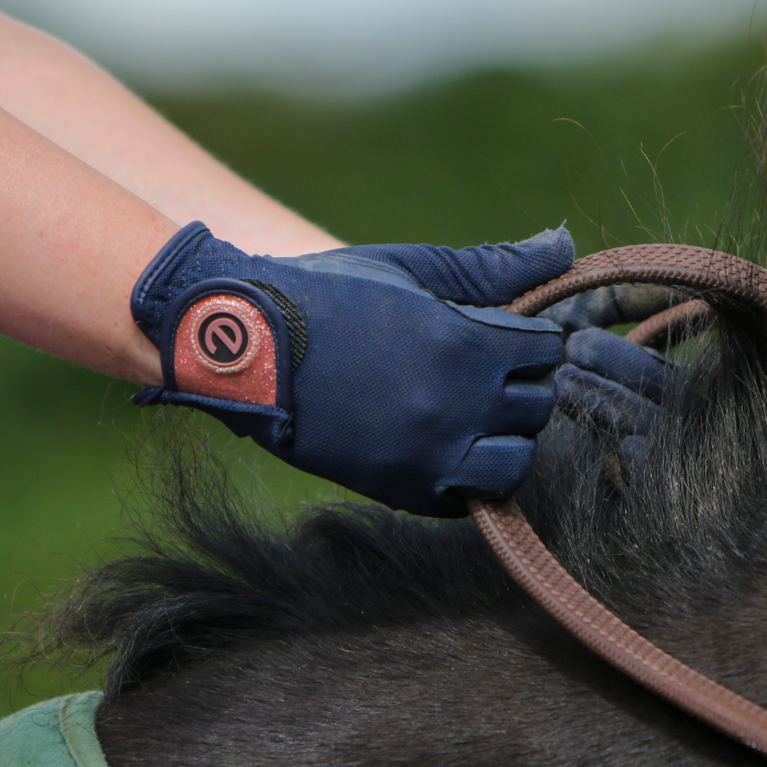 eQUEST GripPro X-LITE Riding Gloves - Blue & Rose Gold Glitter Cuff