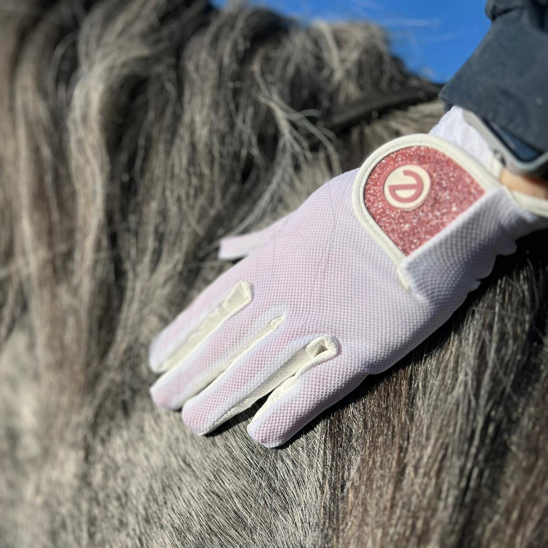 eQUEST GripPro X-LITE Riding Gloves - White & Rose Gold Glitter Cuff