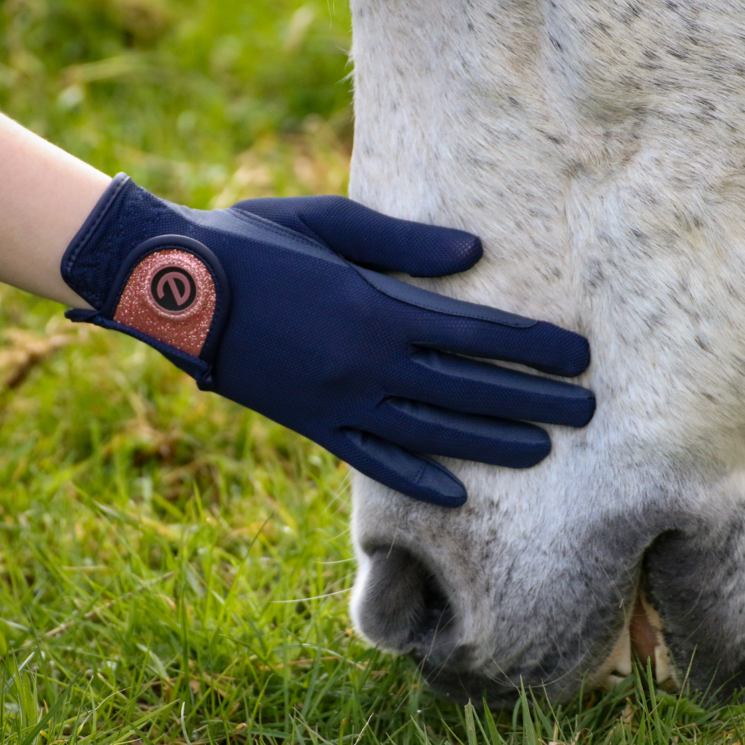 eQUEST GripPro X-LITE Riding Gloves - Blue & Rose Gold Glitter Cuff
