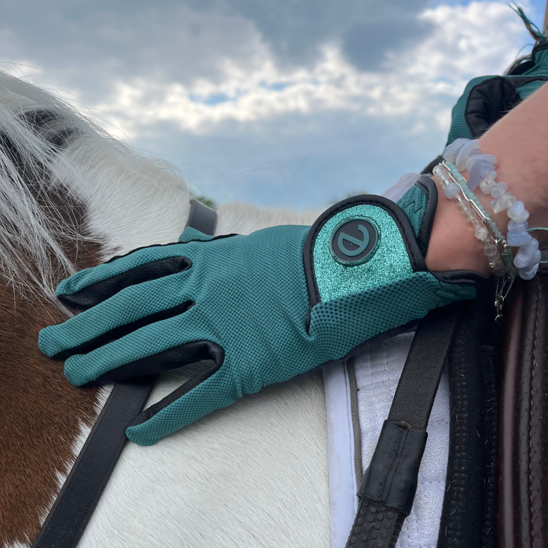 eQUEST GripPro X-LITE Riding Gloves - Alpine Green Glitter Cuff