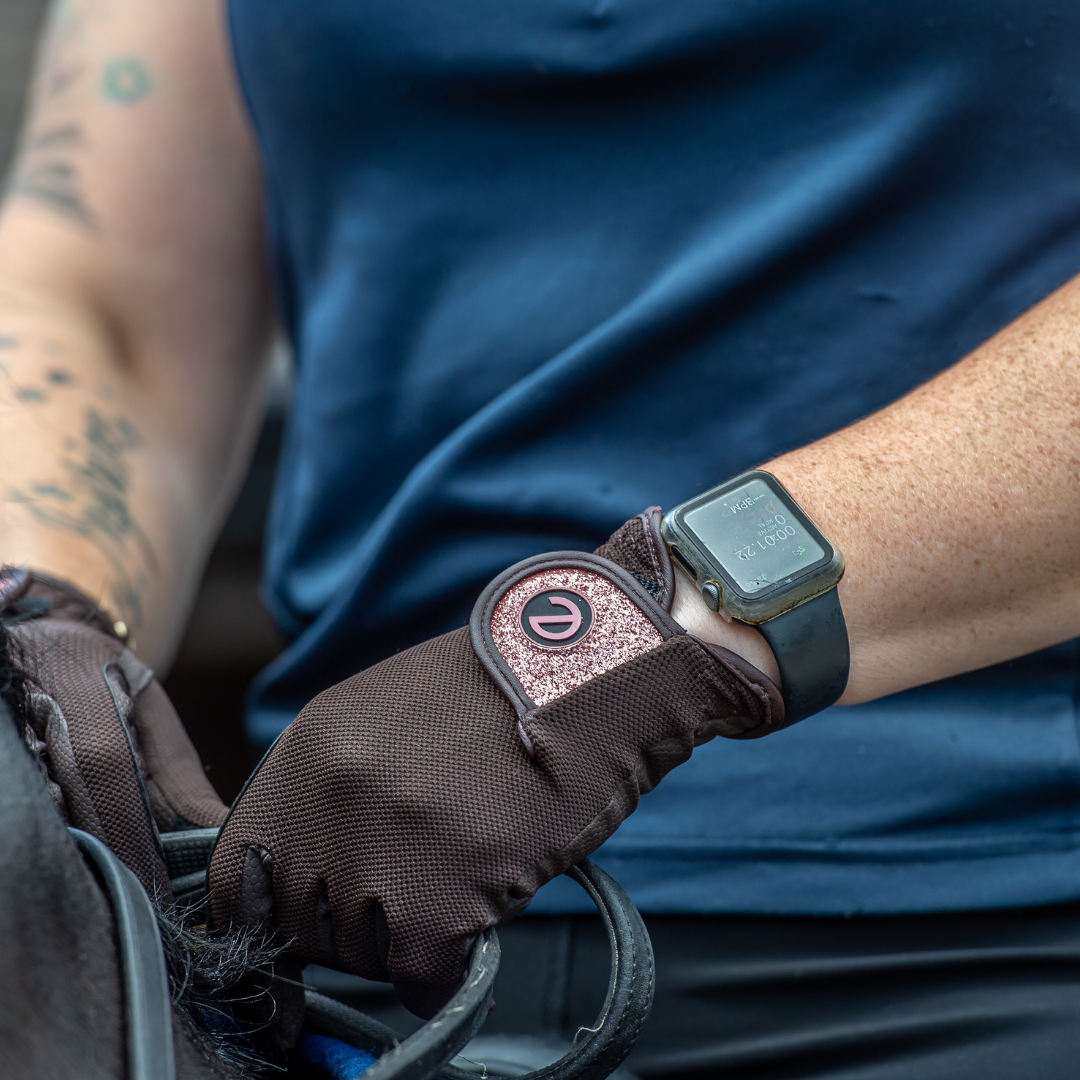 eQUEST GripPro X-LITE Riding Gloves - Brown & Rose Gold Glitter Cuff