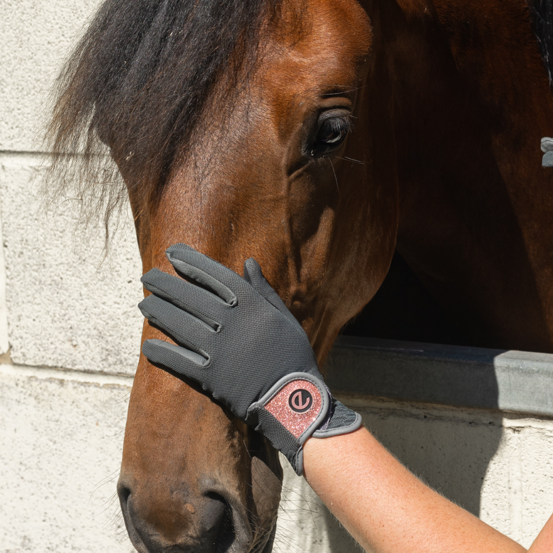 eQUEST GripPro X-LITE Riding Gloves - Grey & Rose Gold Glitter Cuff