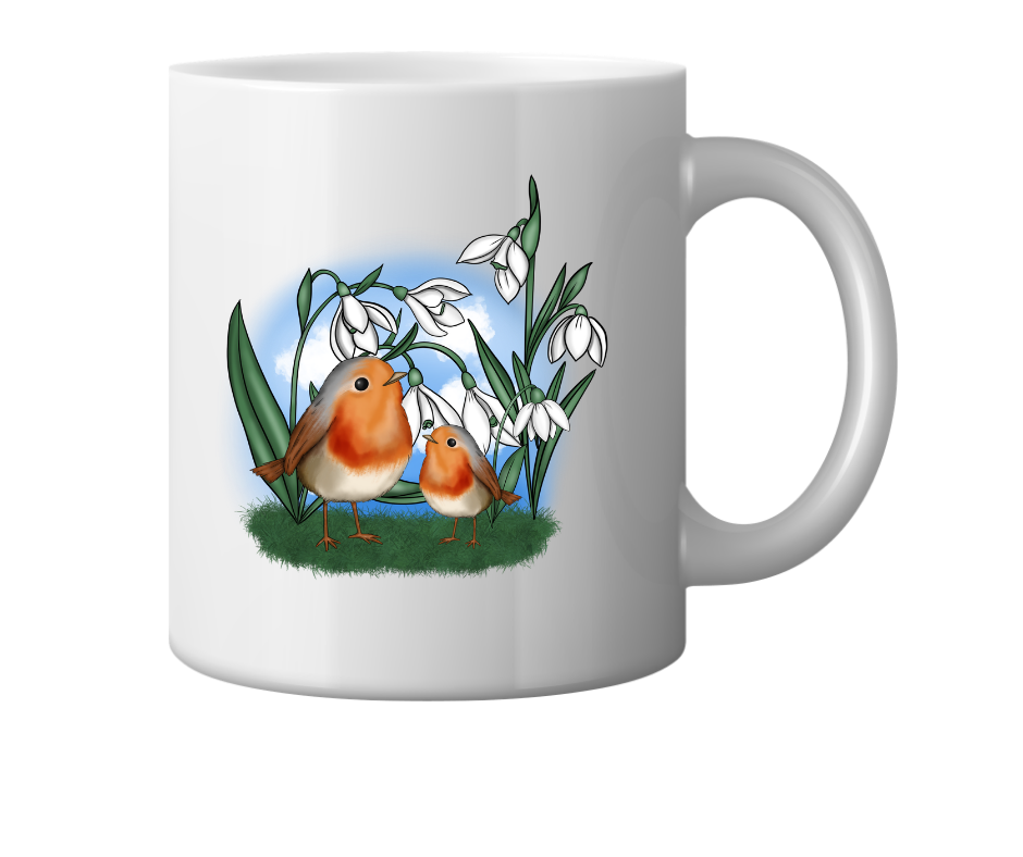 Robin Parent and Child with  Snow Drops Mug