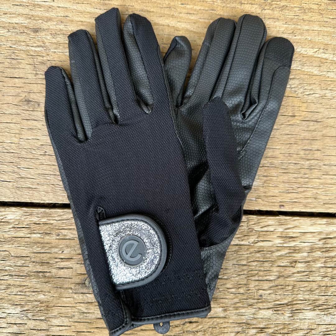 eQUEST GripPro X-LITE Riding Gloves - Black & Silver Glitter Cuff