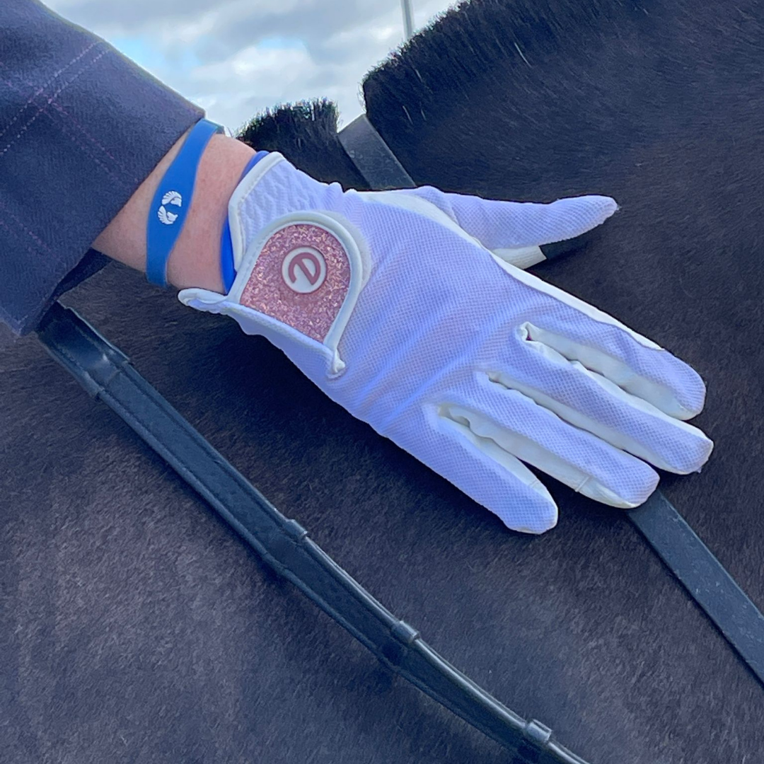 eQUEST GripPro X-LITE Riding Gloves - White & Rose Gold Glitter Cuff