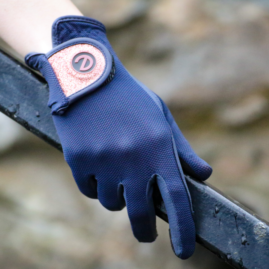 eQUEST GripPro X-LITE Riding Gloves - Blue & Rose Gold Glitter Cuff