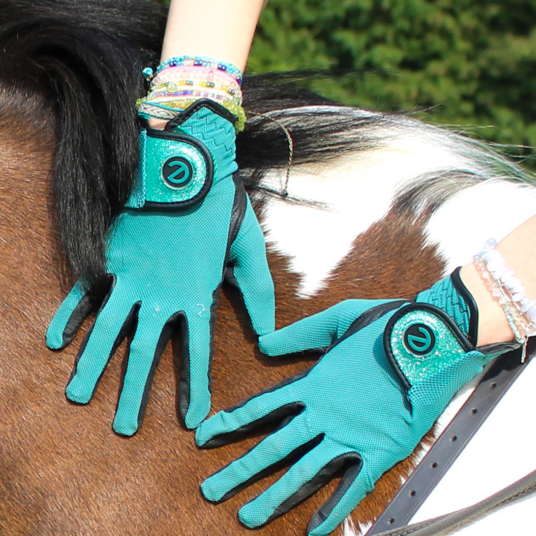 eQUEST GripPro X-LITE Riding Gloves - Alpine Green Glitter Cuff