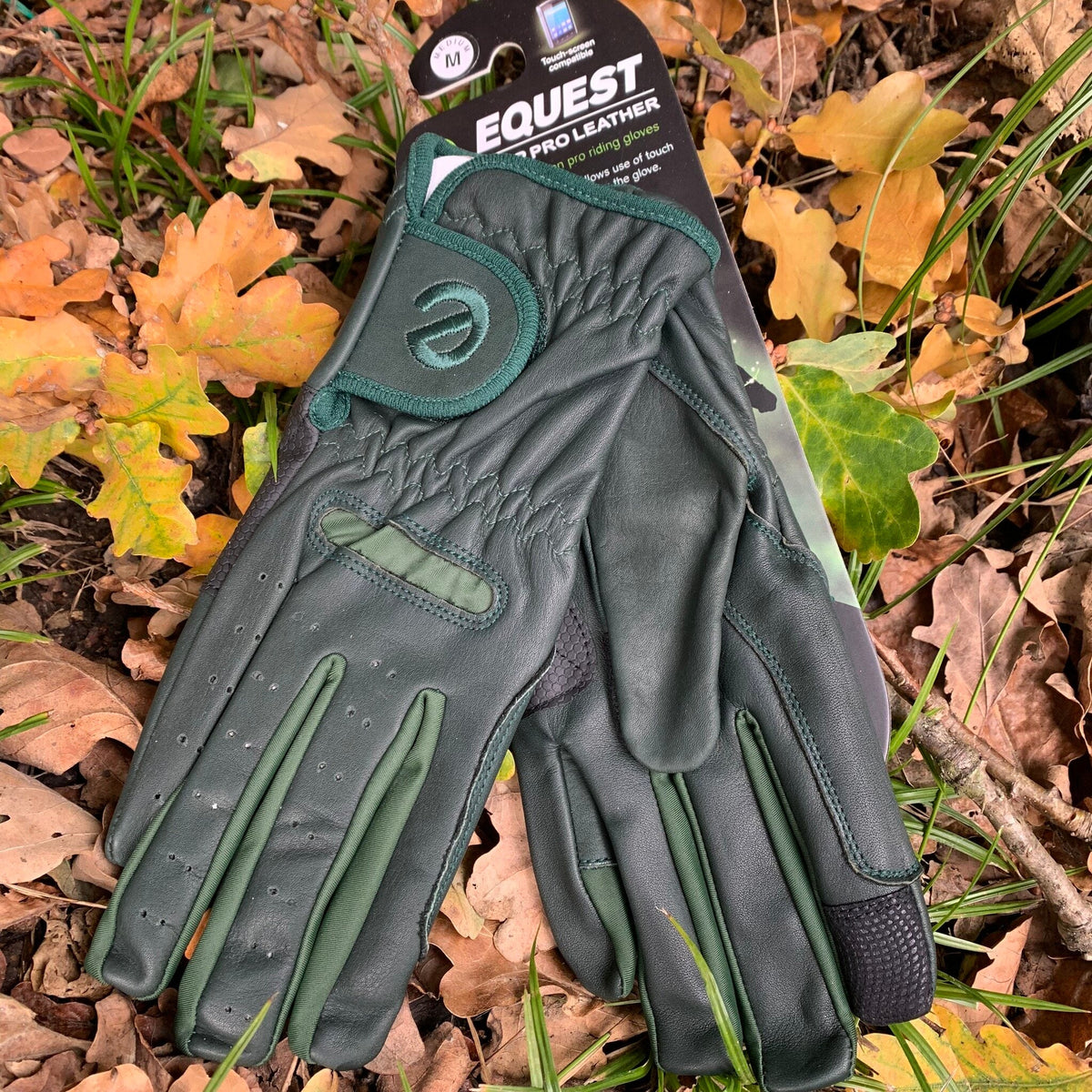 eQUEST GripPro Leather Touchscreen Riding Gloves - Dark Green | Classic English Style