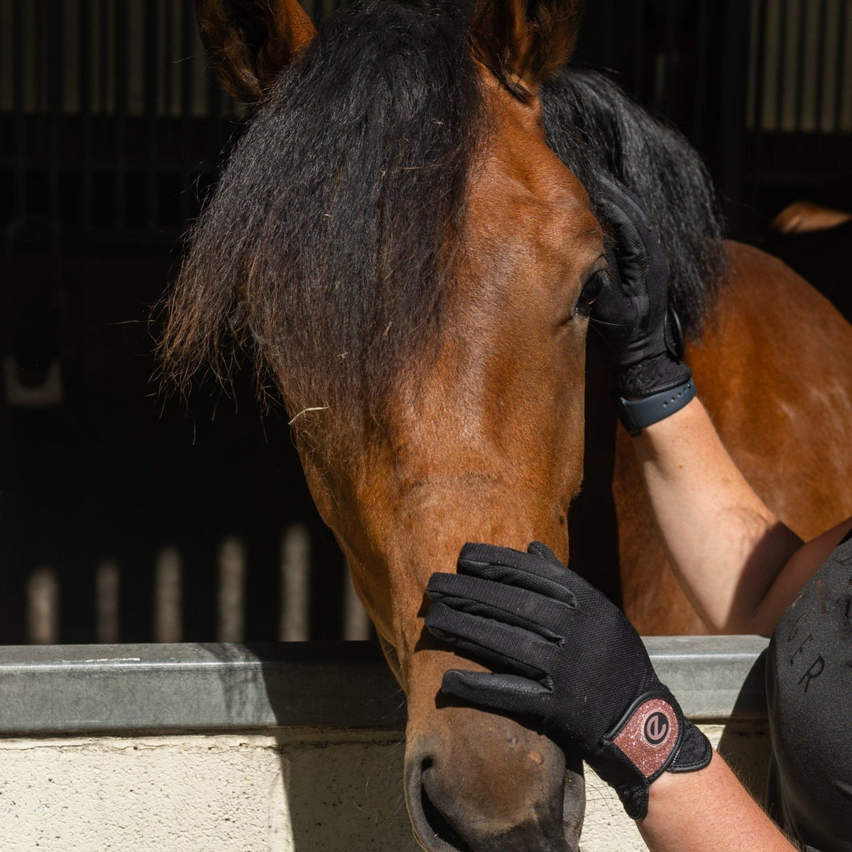 eQUEST GripPro X-LITE Riding Gloves - Black & Rose Gold Glitter Cuff