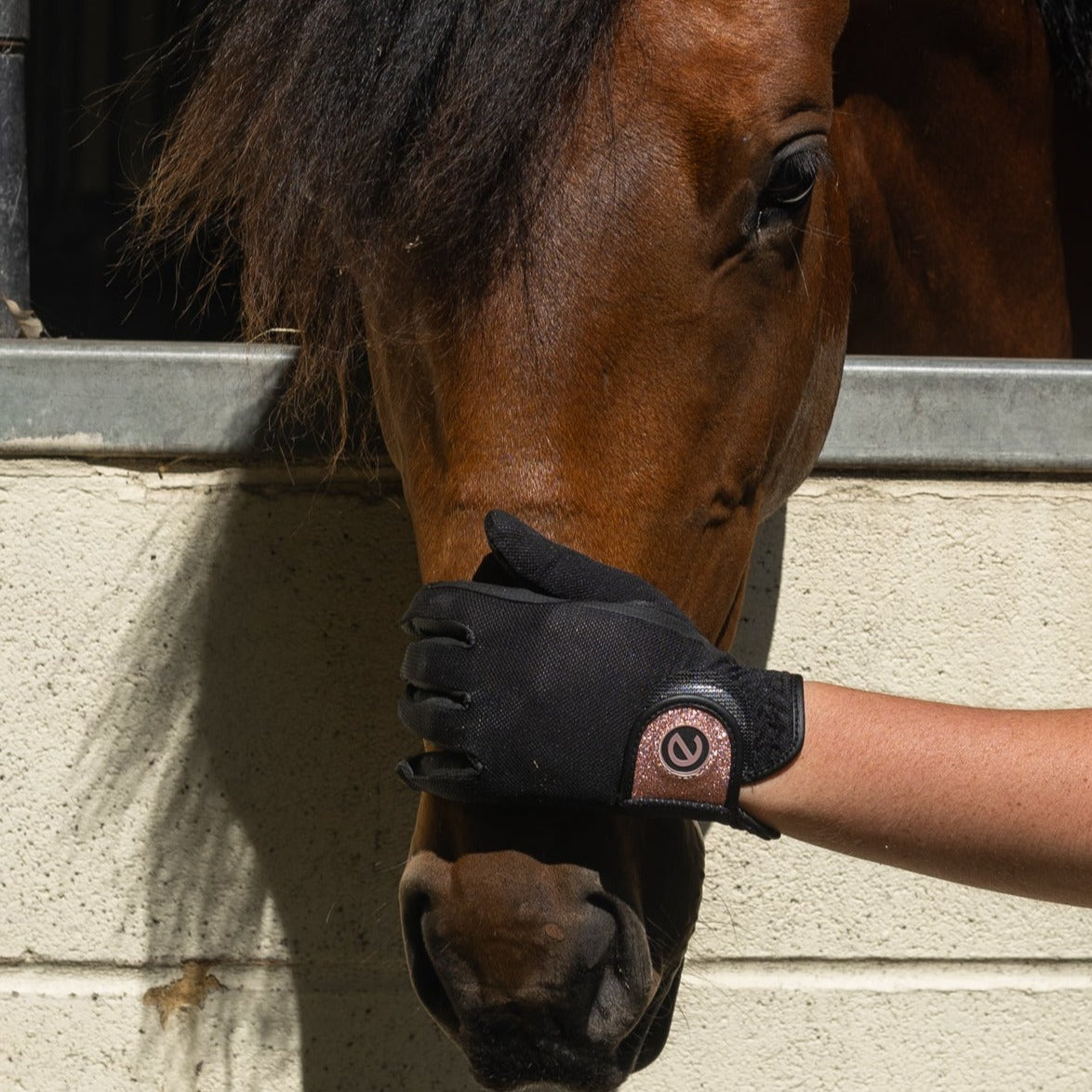 eQUEST GripPro X-LITE Riding Gloves - Black & Rose Gold Glitter Cuff