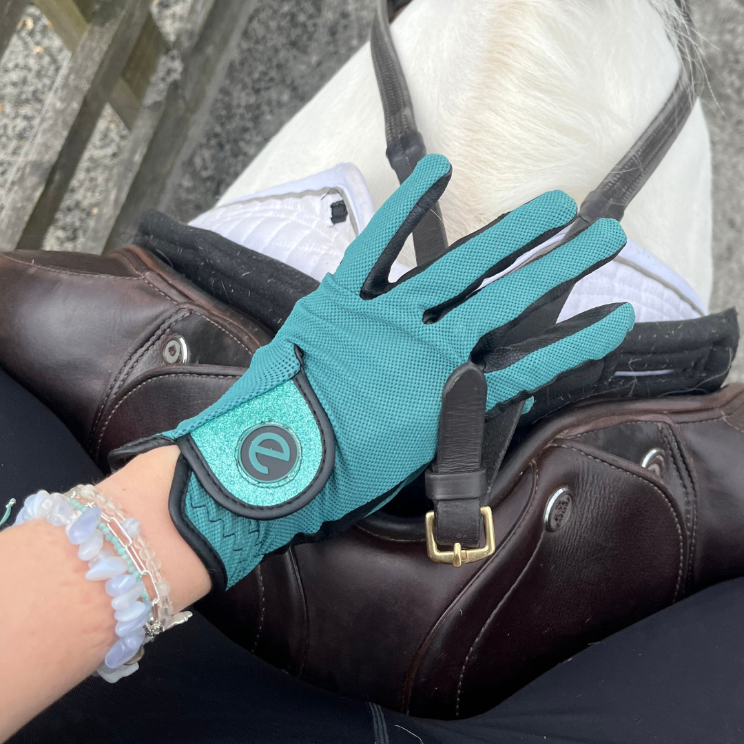eQUEST GripPro X-LITE Riding Gloves - Alpine Green Glitter Cuff