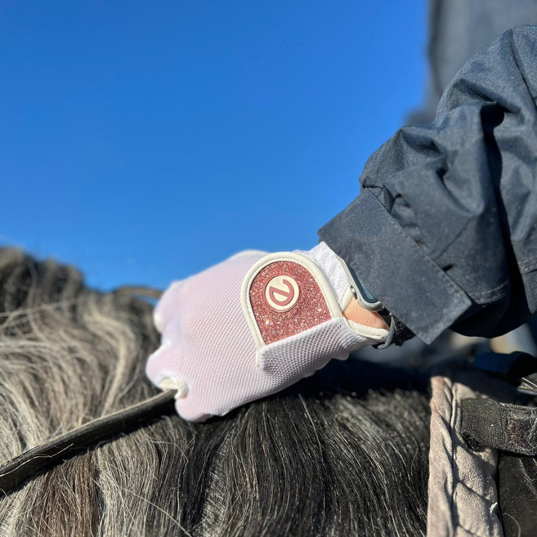 eQUEST GripPro X-LITE Riding Gloves - White & Rose Gold Glitter Cuff