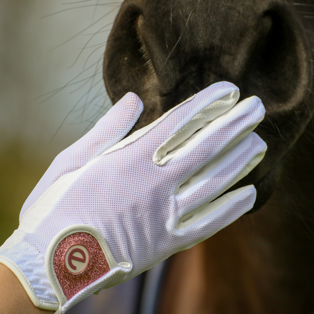 eQUEST GripPro X-LITE Riding Gloves - White & Rose Gold Glitter Cuff