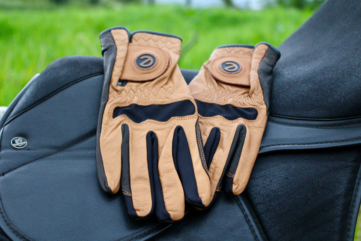 eQUEST GripPro LEATHER Riding Gloves - Tan/Black | Cabretta Palm & Goat Leather Back