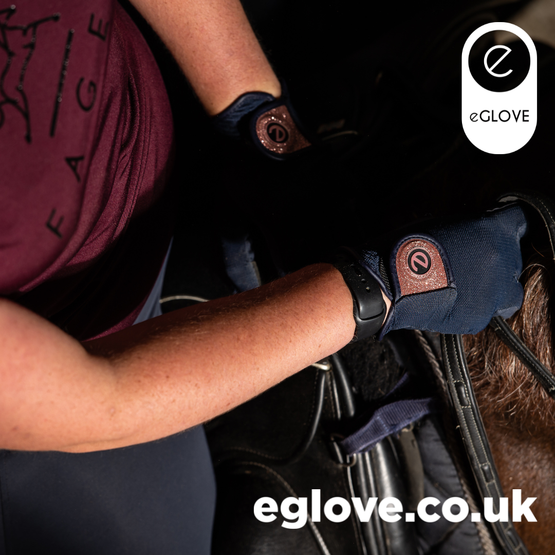 eQUEST GripPro X-LITE Riding Gloves - Blue & Rose Gold Glitter Cuff