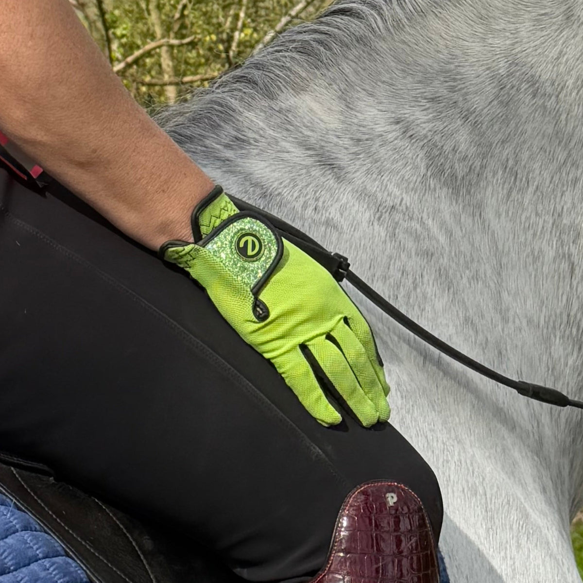 eQUEST GripPro X-LITE Riding Gloves - Lime Green Glitter Cuff
