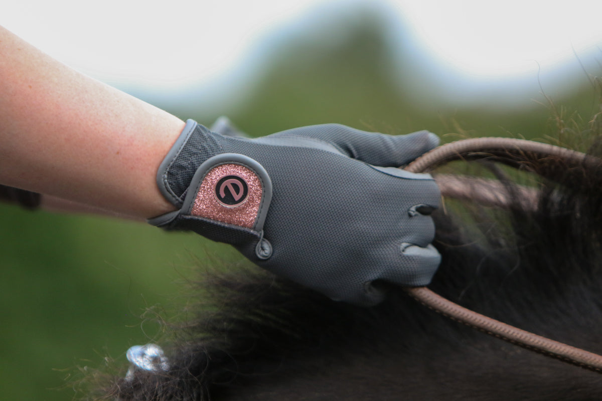eQUEST GripPro X-LITE Riding Gloves - Grey & Rose Gold Glitter Cuff