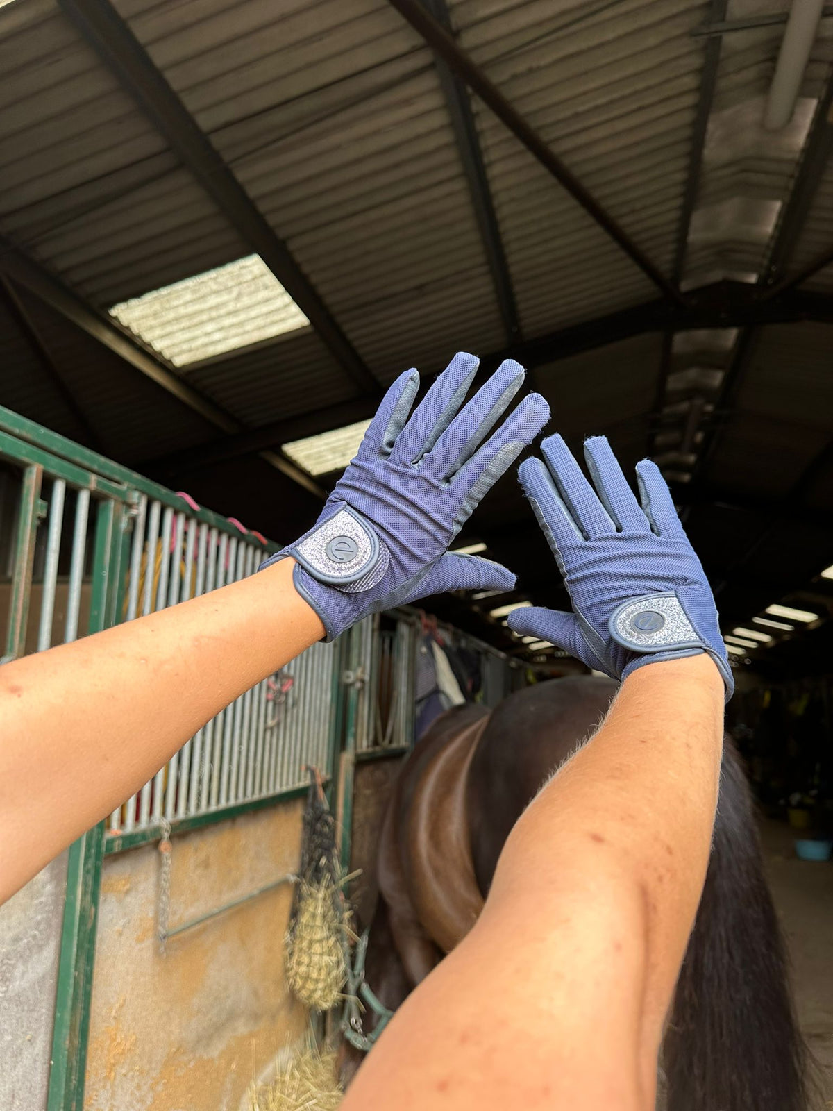 eQUEST GripPro X-LITE Riding Gloves - Blue & Silver Glitter Cuff