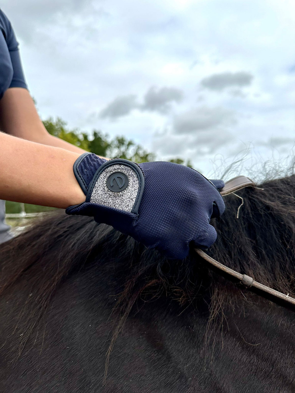 eQUEST GripPro X-LITE Riding Gloves - Blue & Silver Glitter Cuff