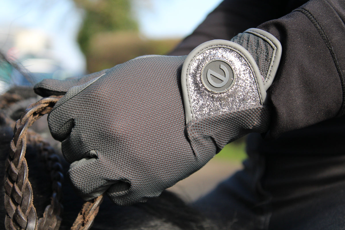 eQUEST GripPro X-LITE Riding Gloves - Grey & Silver Glitter Cuff