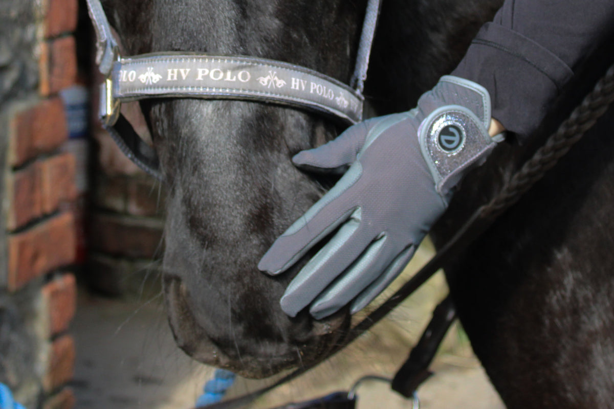 eQUEST GripPro X-LITE Riding Gloves - Grey & Silver Glitter Cuff