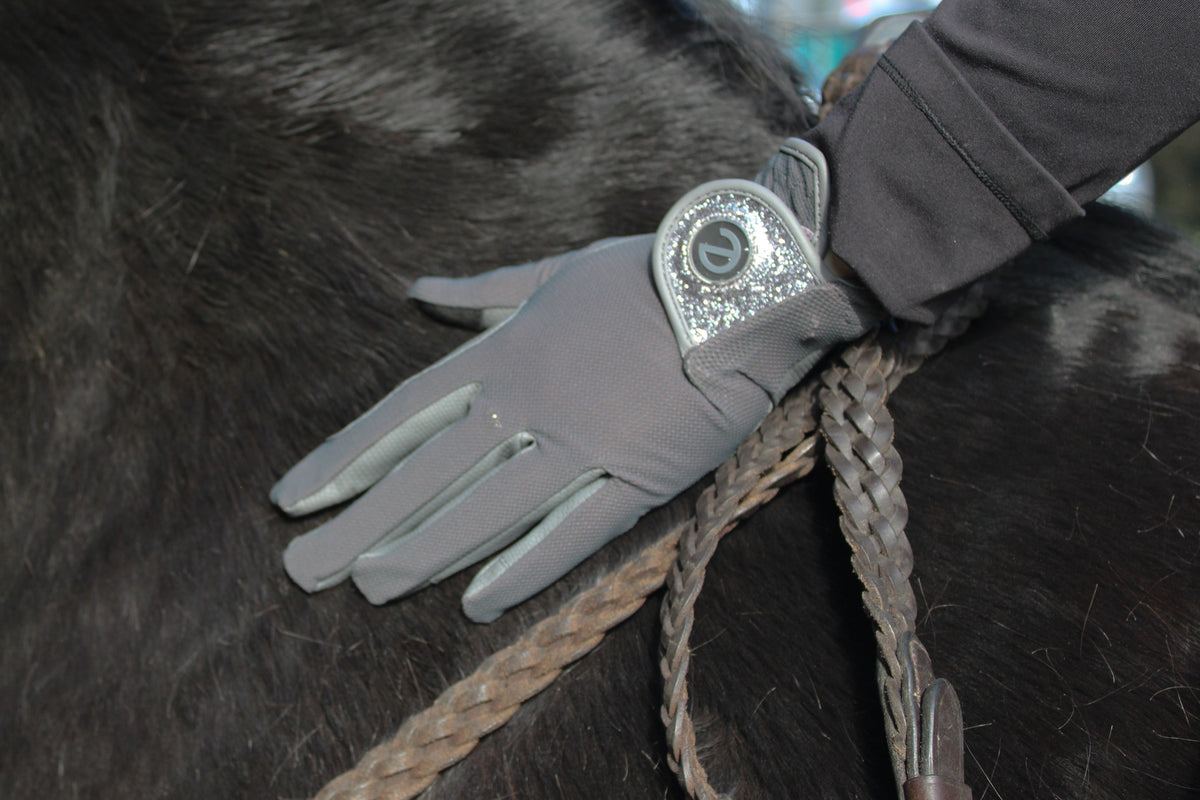 eQUEST GripPro X-LITE Riding Gloves - Grey & Silver Glitter Cuff