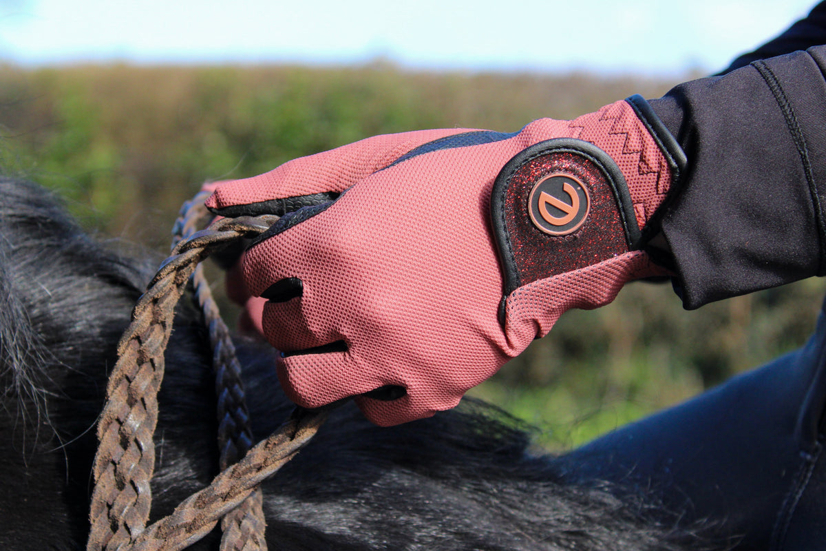 eQUEST GripPro X-LITE Riding Gloves - Coral Glitter Cuff