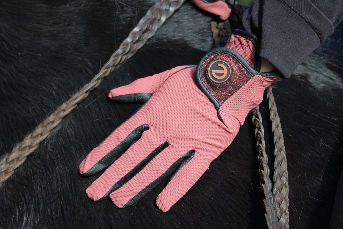 eQUEST GripPro X-LITE Riding Gloves - Coral Glitter Cuff
