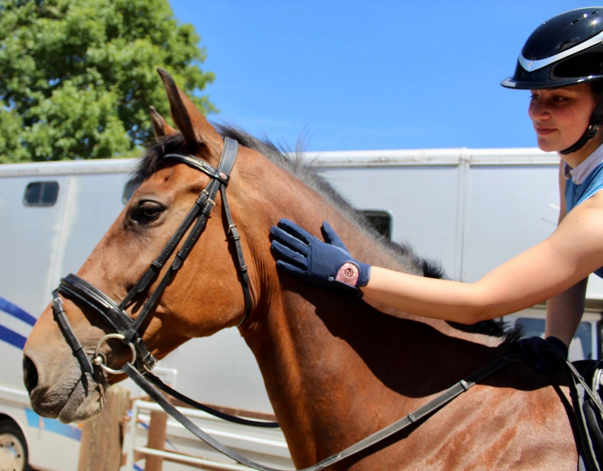 eQUEST GripPro X-LITE Riding Gloves - Blue & Rose Gold Glitter Cuff